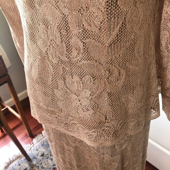 DAMIANOU 3 PIECE LACE SHIMMERY LONG DRESS WORN ONCE MOTHER OF BRIDE CHAMPAGNE - Picture 8 of 16